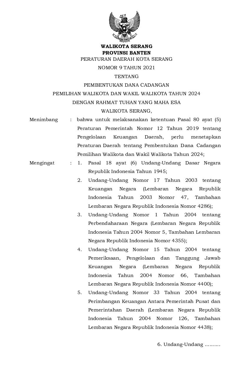 Peraturan Daerah Kota Serang No 9 Tahun 2021 Tentang Pembentukan Dana ...