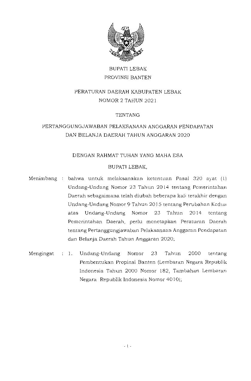 Peraturan Daerah Kab. Lebak No 2 tahun 2021 tentang Pertanggungjawaban Pelaksanaan Anggaran Pendapatan dan Belanja Daerah Tahun Anggaran 2020