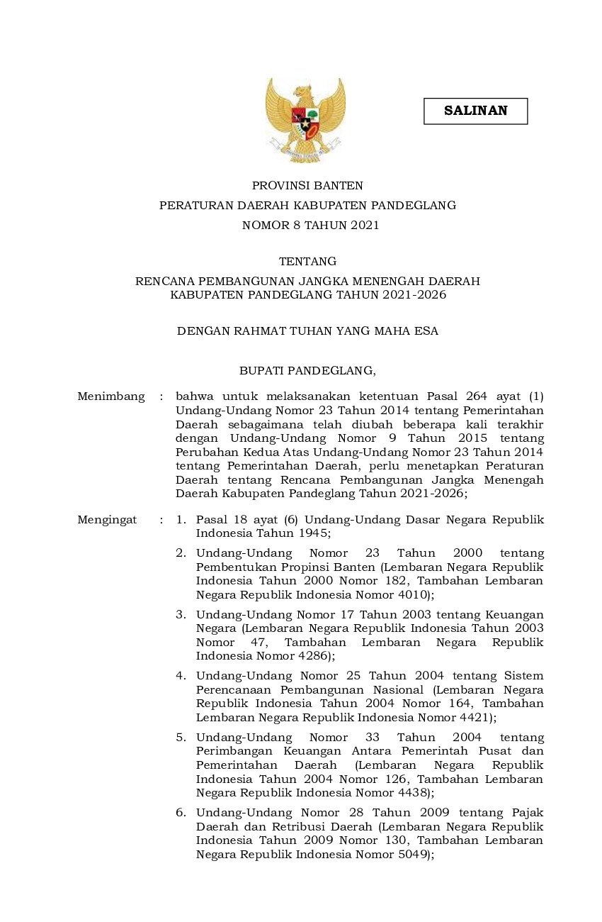 Peraturan Daerah Kab. Pandeglang No 8 tahun 2021 tentang Rencana Pembangunan Jangka Menengah Daerah Kabupaten Pandeglang Tahun 2021-2026