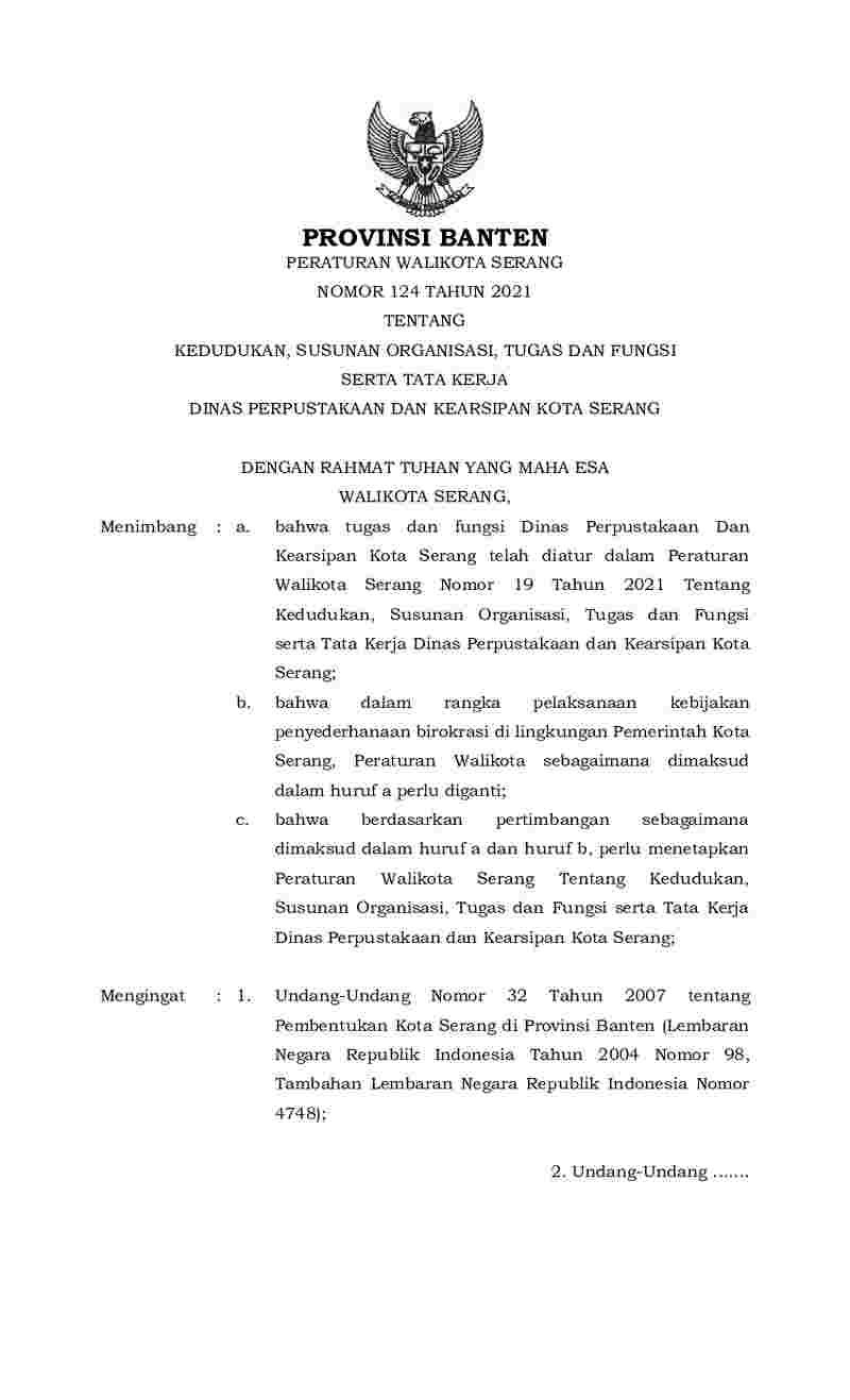 Peraturan Walikota Serang No 124 Tahun 2021 Tentang Kedudukan Susunan Organisasi Tugas Dan 5456