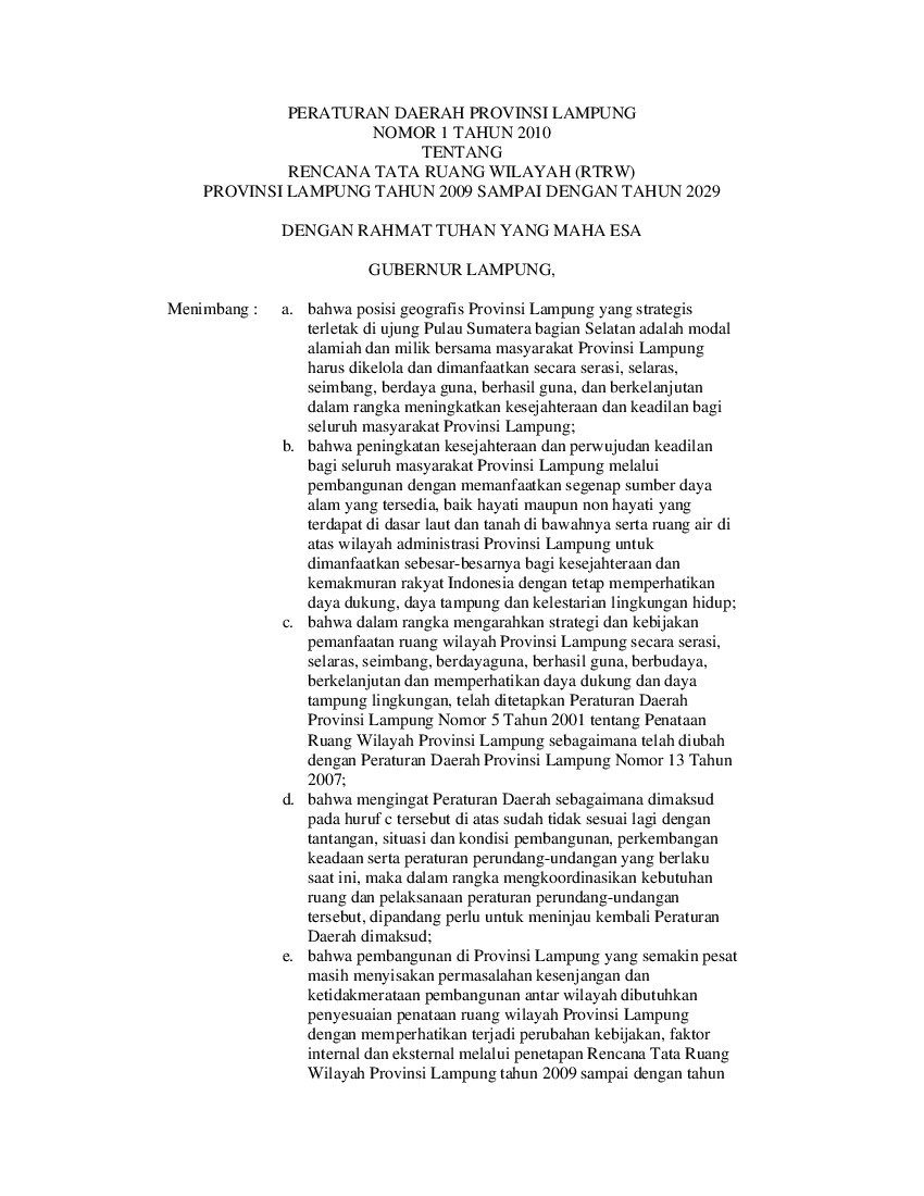 Peraturan Daerah Provinsi Lampung No 1 tahun 2010 tentang Rencana Tata Ruang Wilayah (RTRW) Provinsi Lampung Tahun 2009 Sampai Dengan Tahun 2029