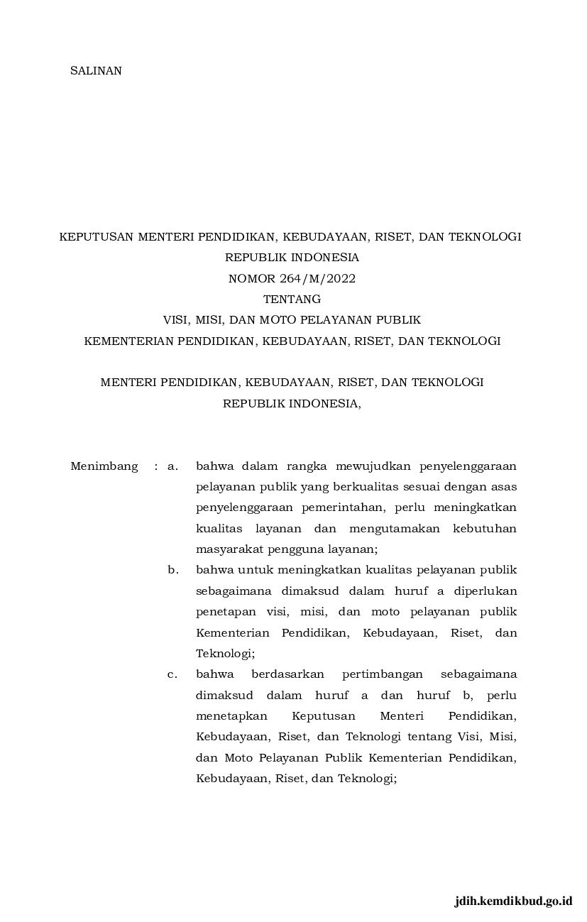 Keputusan Menteri Pendidikan, Kebudayaan, Riset, Dan Teknologi No 264/M ...