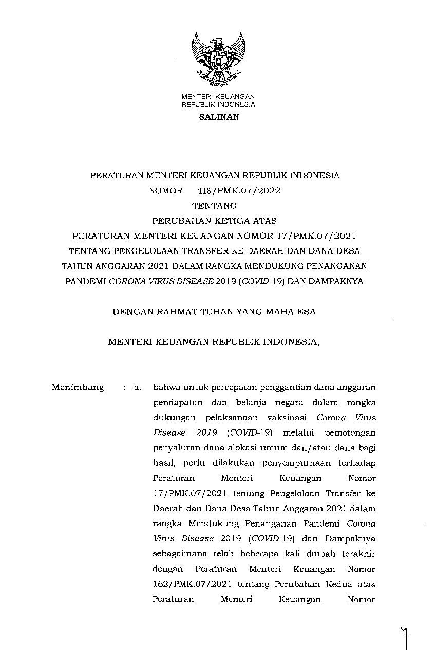 Peraturan Menteri Keuangan No 118/PMK.07/2022 Tahun 2022 Tentang ...