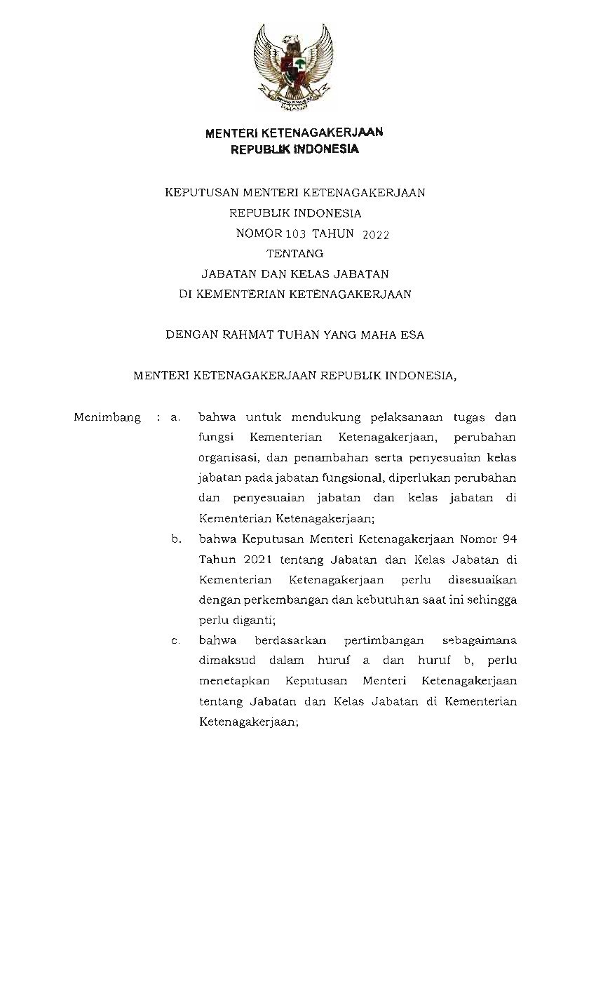 Keputusan Menteri Ketenagakerjaan No 103 tahun 2022 tentang Jabatan dan Kelas Jabatan di Kementerian Ketenagakerjaan