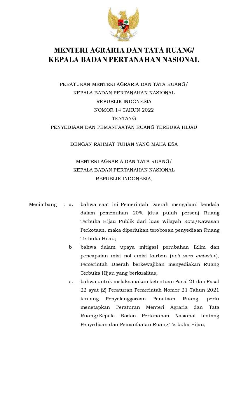 Peraturan Kepala Badan Pertanahan Nasional No 14 Tahun 2022 Tentang ...