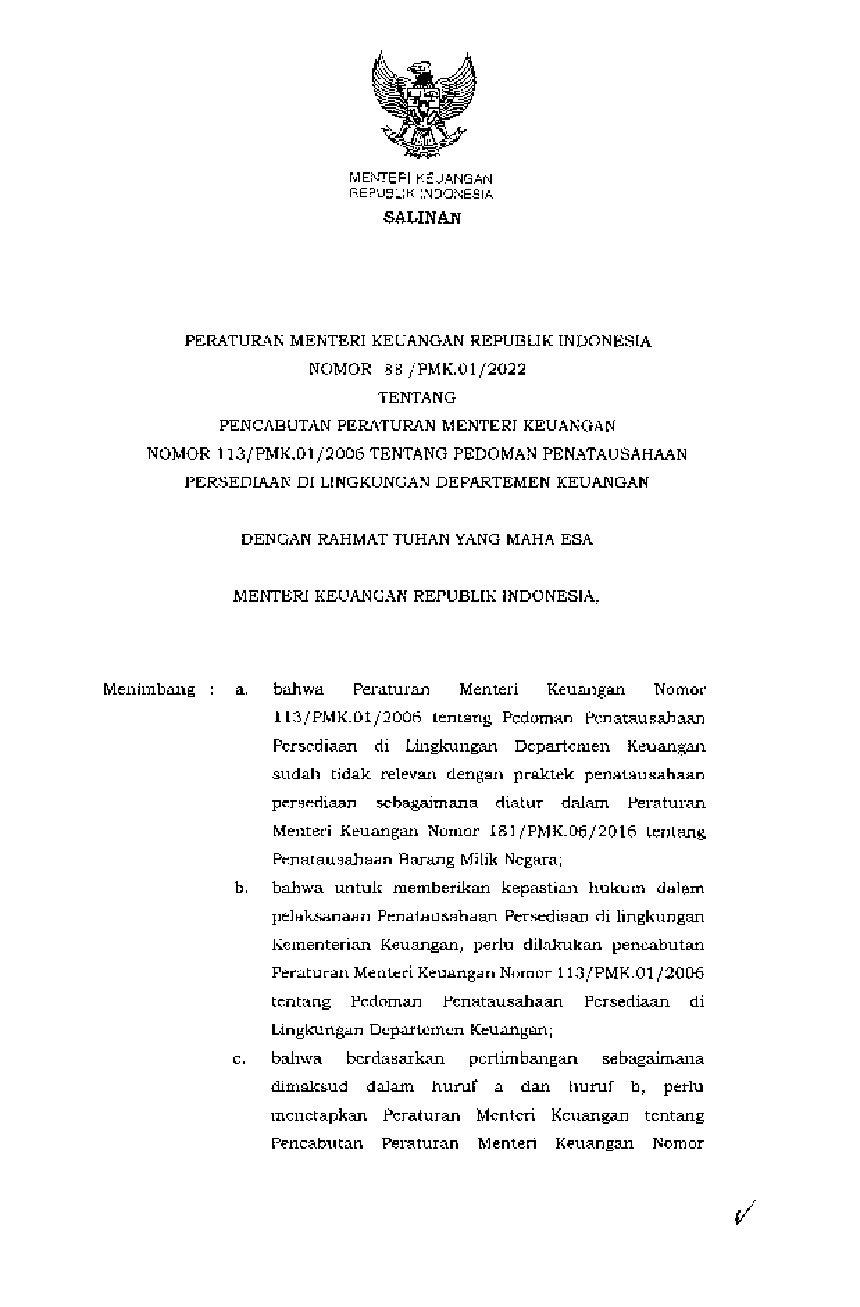 Peraturan Menteri Keuangan No 88/PMK.01/2022 Tahun 2022 Tentang ...