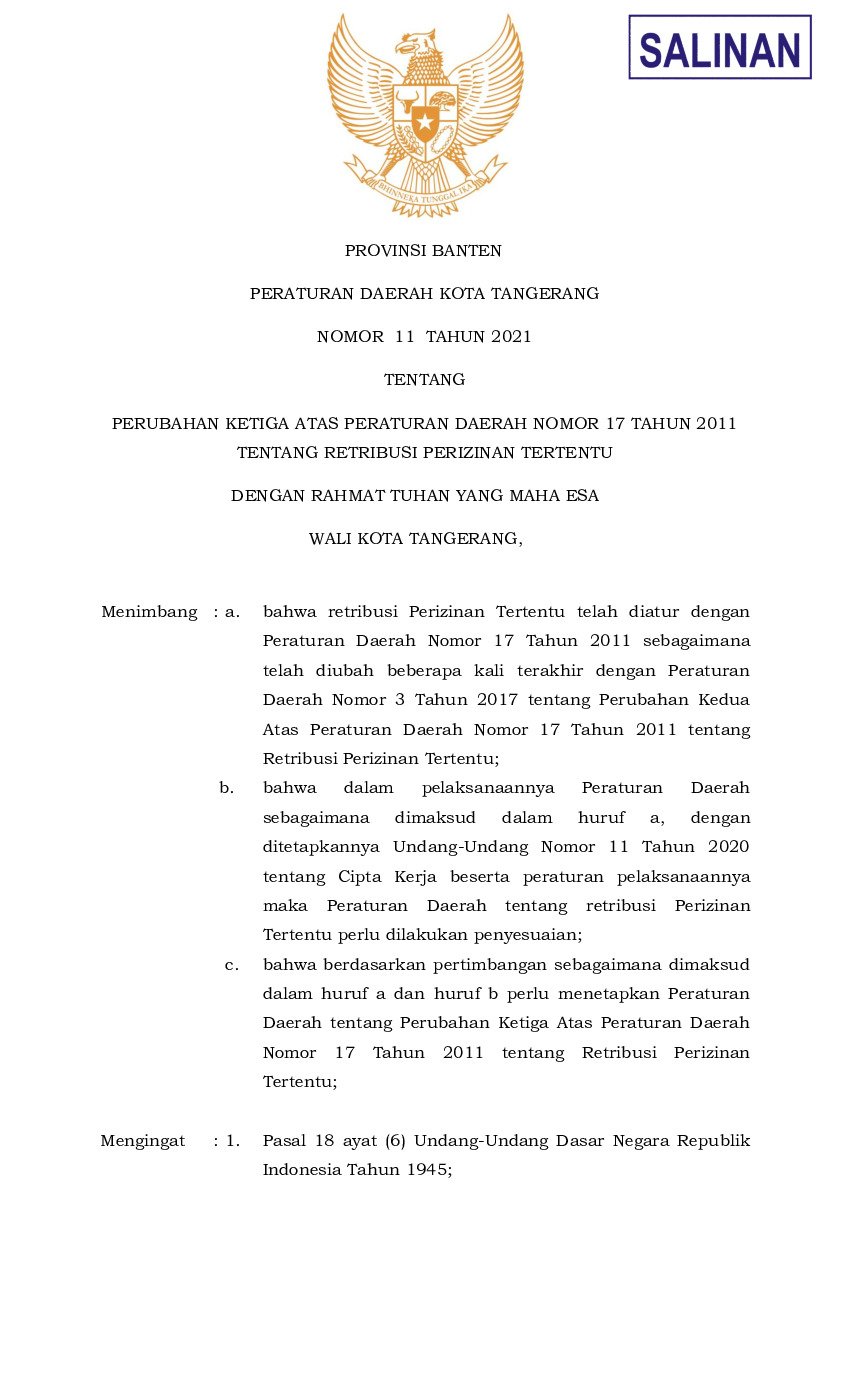 Peraturan Daerah Kota Tangerang No Tahun Tentang Perubahan