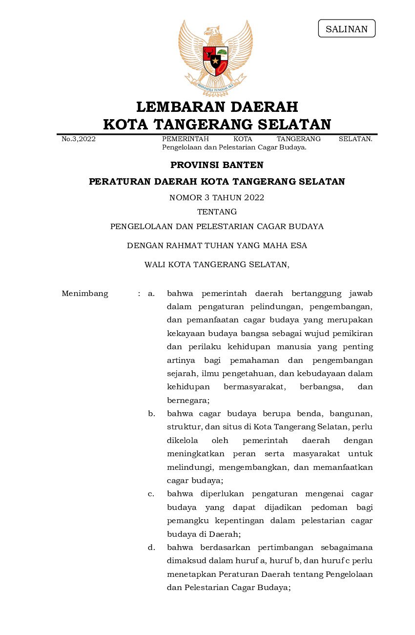 Peraturan Daerah Kota Tangerang Selatan No 3 Tahun 2022 Tentang Pengelolaan Dan Pelestarian 9430