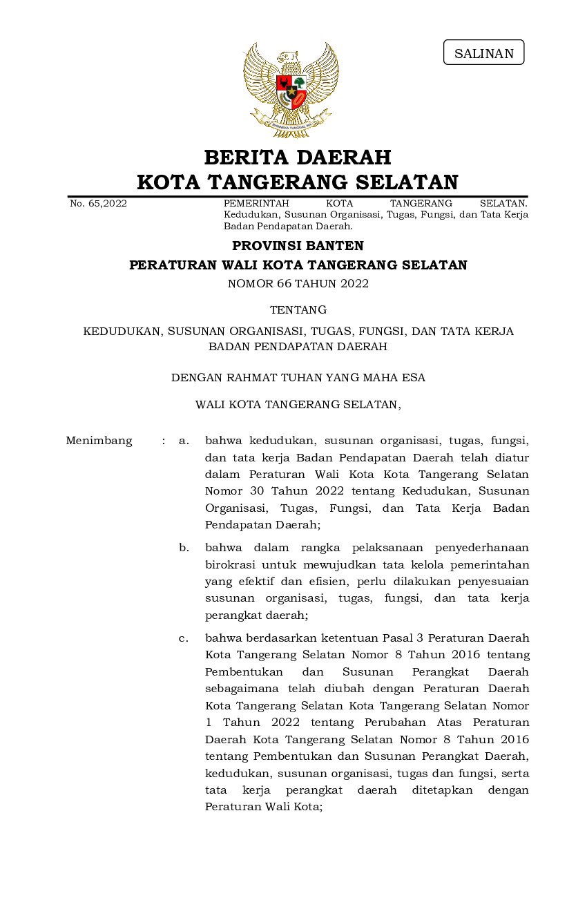 Peraturan Walikota Tangerang Selatan No 66 Tahun 2022 Tentang Kedudukan ...