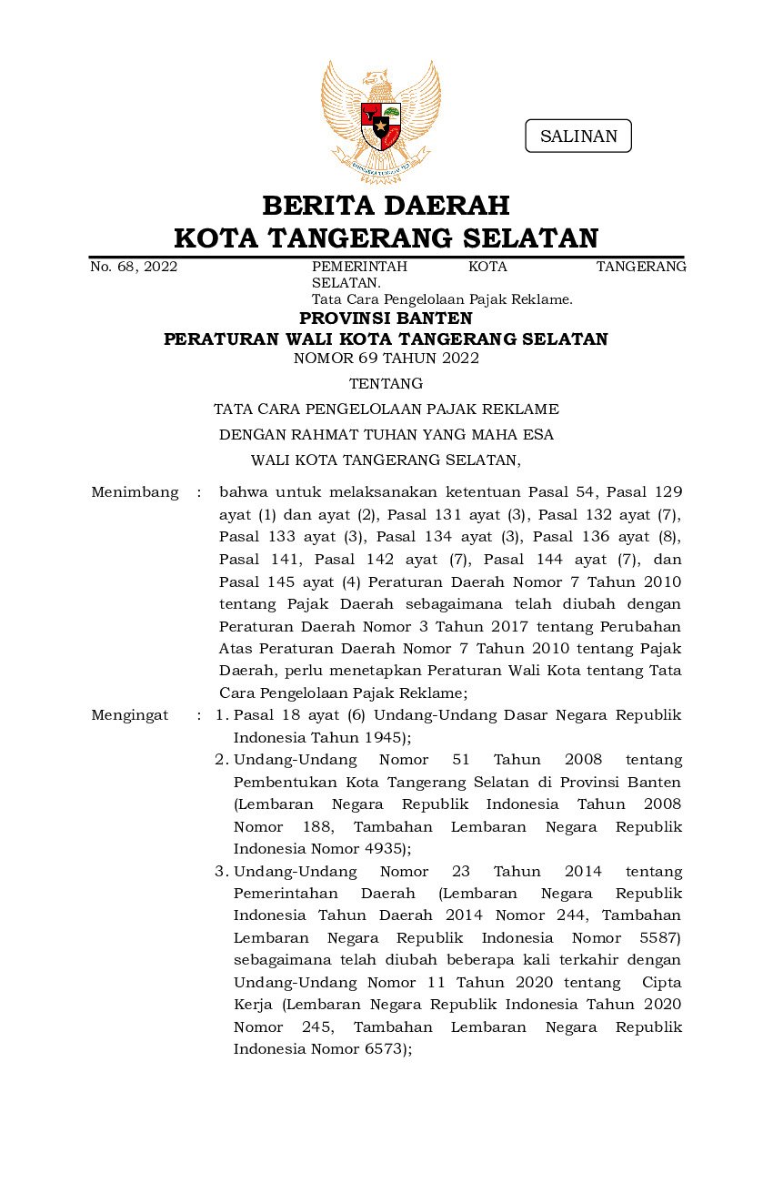 Peraturan Walikota Tangerang Selatan No Tahun Tentang Tata Cara