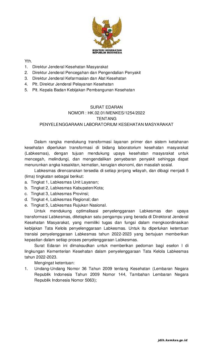 Surat Edaran Menteri Kesehatan No HK.02.01/MENKES/1254/2022 Tahun 2022 ...