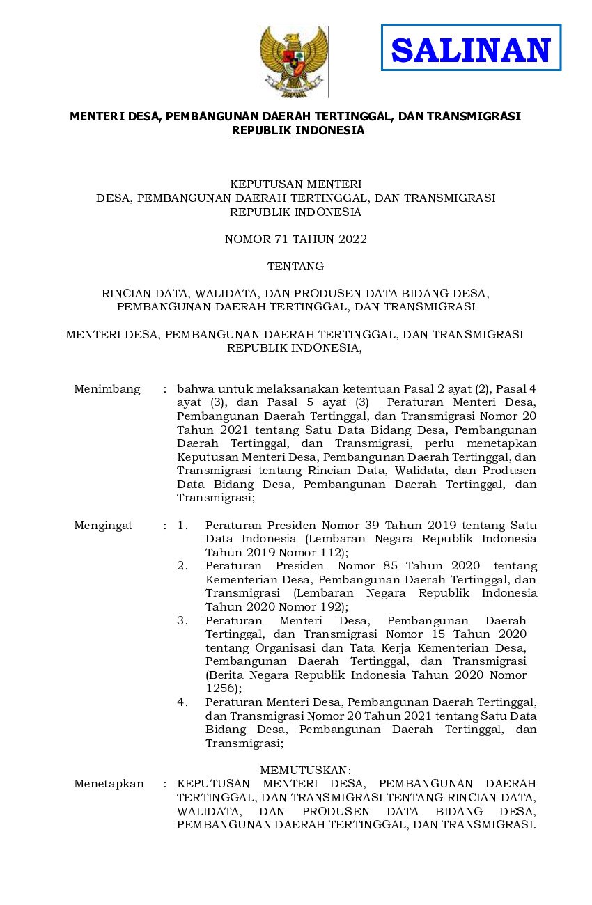 Keputusan Menteri Desa Pembangunan Daerah Tertinggal Dan Transmigrasi No 71 Tahun 2022 Tentang