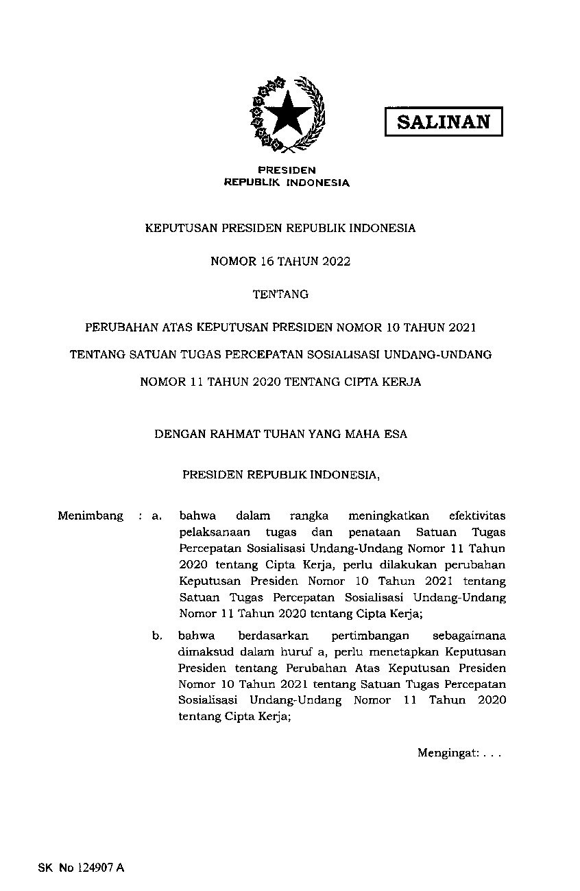 Keputusan Presiden No 16 tahun 2022 tentang Perubahan atas Keputusan ...