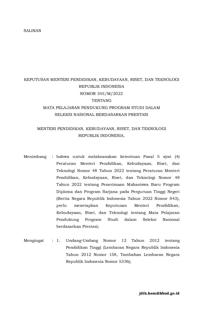 Keputusan Menteri Pendidikan, Kebudayaan, Riset, Dan Teknologi No 345/M ...