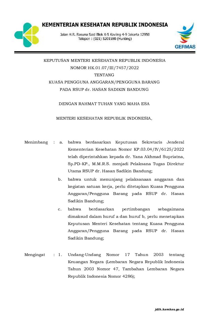 Keputusan Menteri Kesehatan No HK.01.07/III/7457/2022 tahun 2022 tentang Kuasa Pengguna Anggaran/Pengguna Barang pada Rsup Dr. Hasan Sadikin Bandung