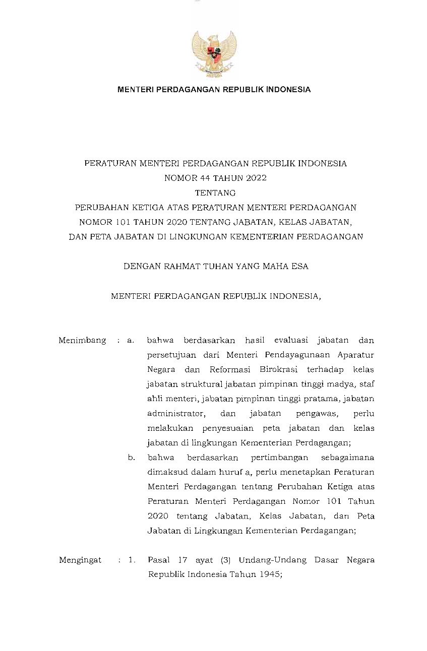 Peraturan Menteri Perdagangan No 44 Tahun 2022 Tentang Perubahan Ketiga ...