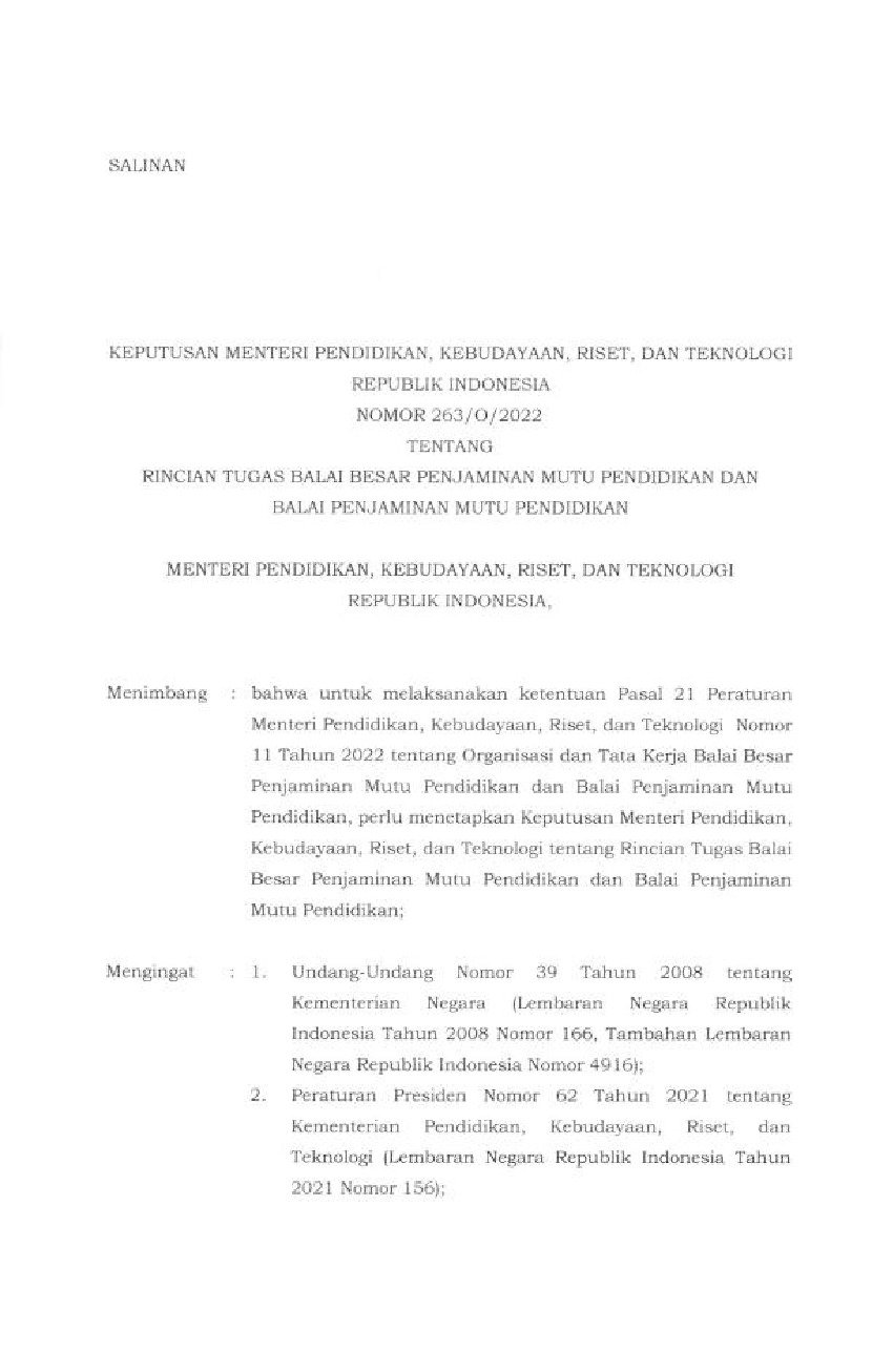 Keputusan Menteri Pendidikan, Kebudayaan, Riset, Dan Teknologi No 263/O ...