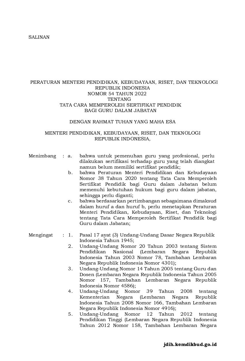 Peraturan Menteri Pendidikan, Kebudayaan, Riset, Dan Teknologi No 54 ...