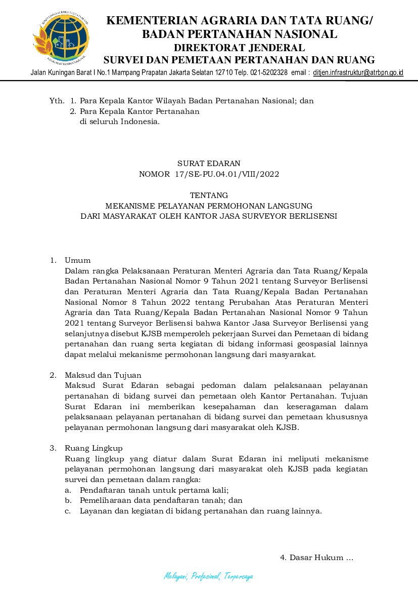 Surat Edaran Kepala Badan Pertanahan Nasional No 17/SE-PU.04.01/VIII/2022 tahun 2022 tentang Mekanisme Pelayanan Permohonan Langsung dari Masyarakat oleh Kantor Jasa Surveyor Berlisensi