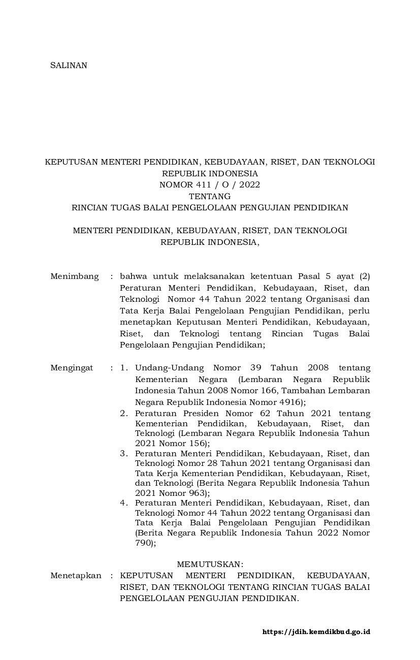 Keputusan Menteri Pendidikan, Kebudayaan, Riset, Dan Teknologi No 411/O ...