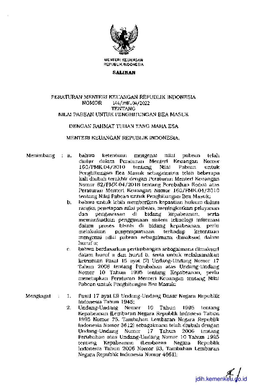 Peraturan Menteri Keuangan No 144/PMK.04/2022 Tahun 2022 Tentang Nilai ...