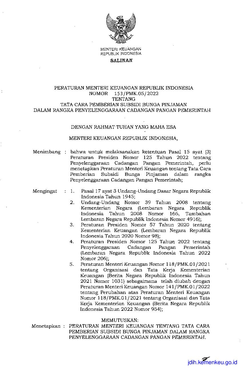 Peraturan Menteri Keuangan No 153/PMK.05/2022 Tahun 2022 Tentang Tata ...