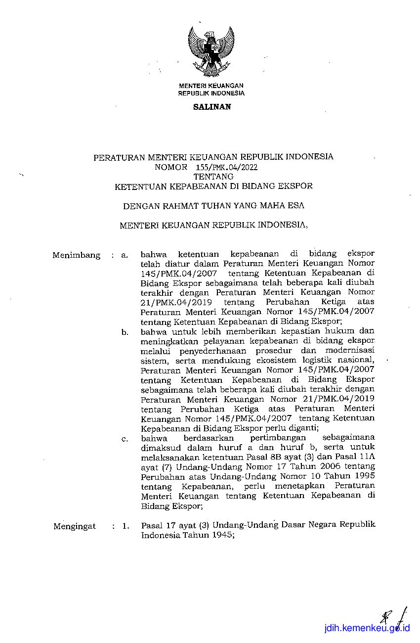 Peraturan Menteri Keuangan No 155/PMK.04/2022 Tahun 2022 Tentang ...