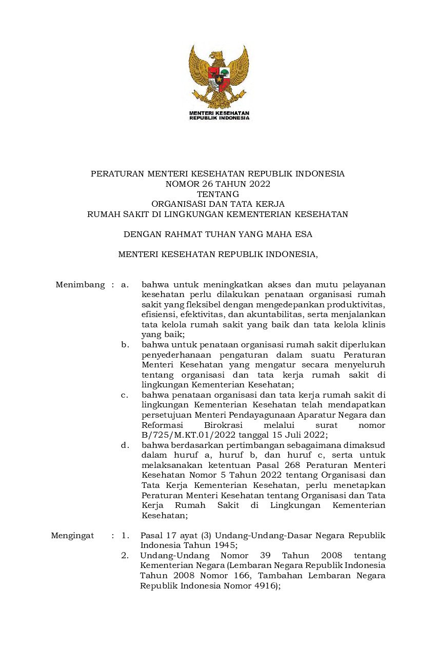 Peraturan Menteri Kesehatan No 26 tahun 2022 tentang Organisasi dan Tata Kerja Rumah Sakit di Lingkungan Kementerian Kesehatan