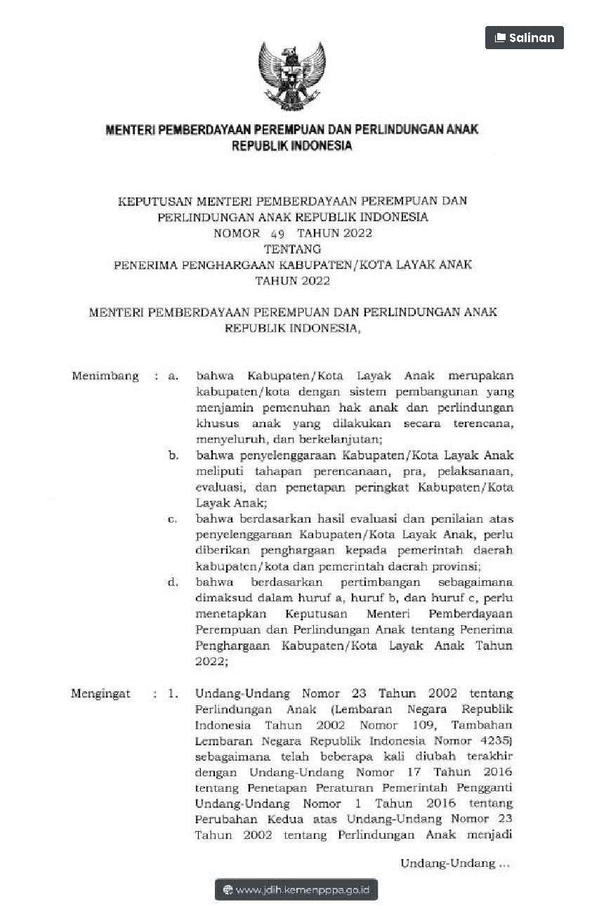 Keputusan Menteri Pemberdayaan Perempuan Dan Perlindungan Anak No 49 ...