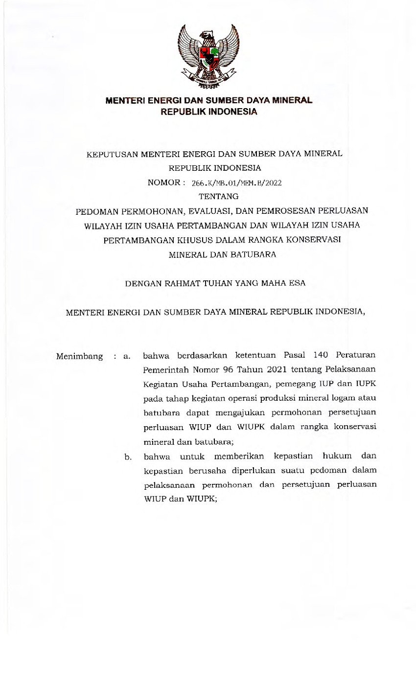 Keputusan Menteri Energi Dan Sumber Daya Mineral No 266.K/MB.01/MEM.B ...