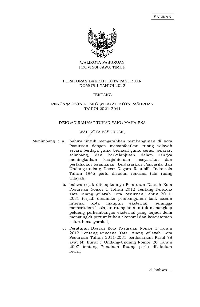 Peraturan Daerah Kota Pasuruan No 1 tahun 2022 tentang Rencana Tata Ruang Wilayah Kota Pasuruan Tahun 2021-2041