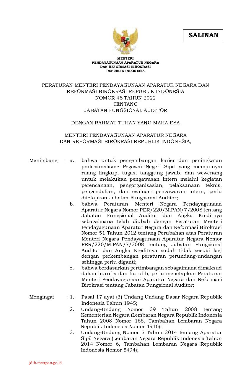 Peraturan Menteri Negara Pendayagunaan Aparatur Negara Dan Reformasi ...