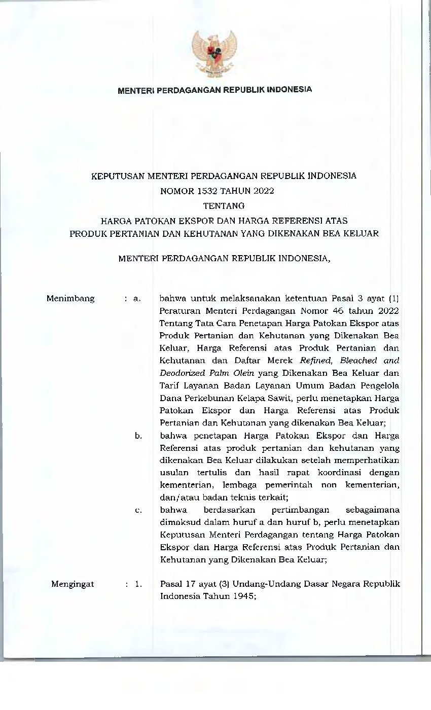 Keputusan Menteri Perdagangan No 1532 Tahun 2022 Tentang Harga Patokan ...