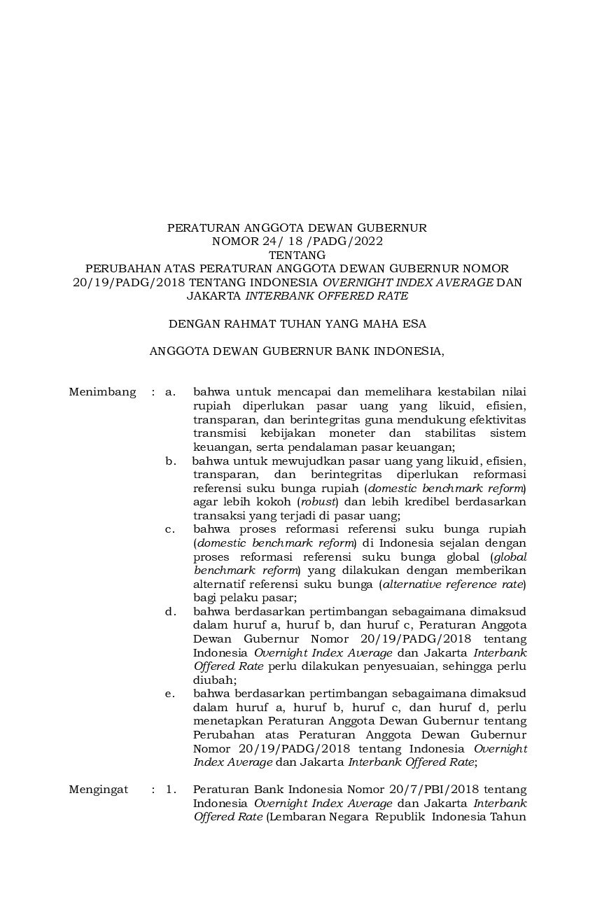 Peraturan Anggota Dewan Gubernur Bank Indonesia No 24/18/PADG/2022 ...