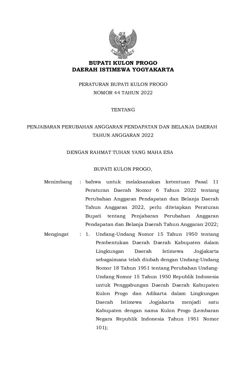 Peraturan Bupati Kulonprogo No 44 Tahun 2022 Tentang Penjabaran