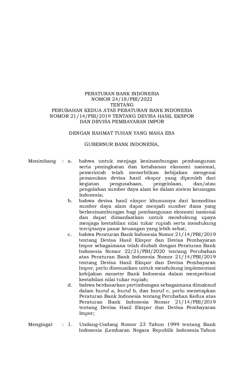 Peraturan Bank Indonesia No 24/18/PBI/2022 Tahun 2022 Tentang Perubahan ...