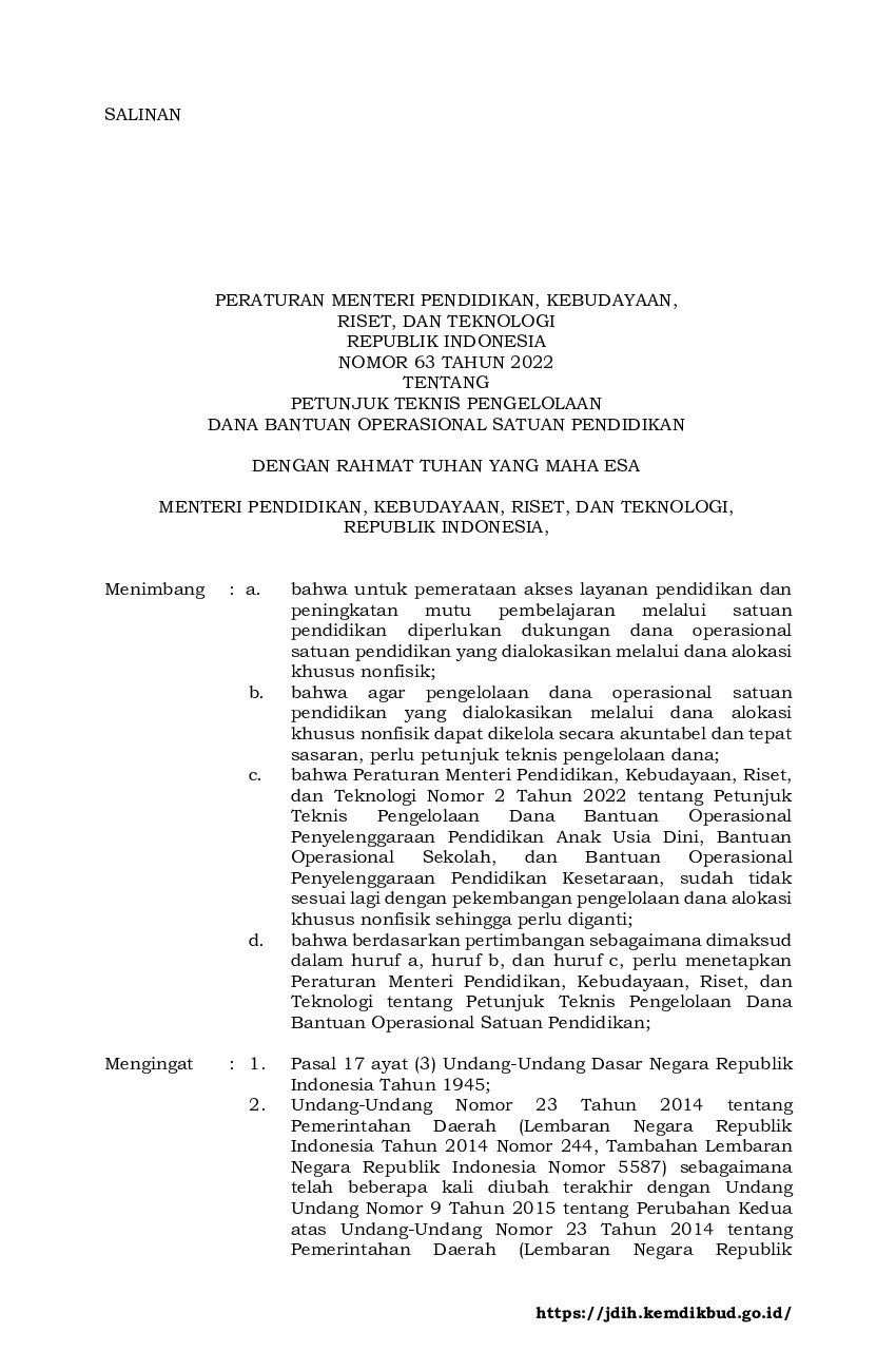 Peraturan Menteri Pendidikan, Kebudayaan, Riset, Dan Teknologi No 63 ...