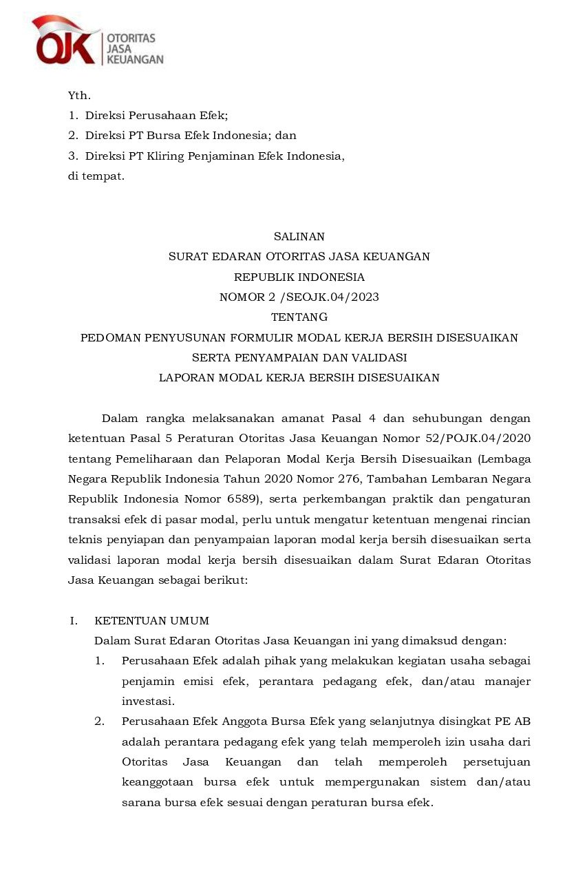 Surat Edaran Otoritas Jasa Keuangan No 2/SEOJK.04/2023 Tahun 2023 ...