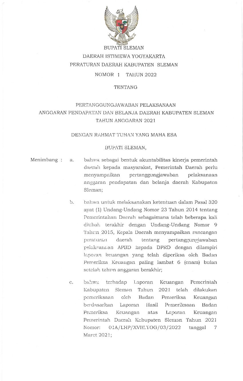 Peraturan Daerah Kab Sleman No 1 Tahun 2022 Tentang Pertanggungjawaban Pelaksanaan Anggaran 3253