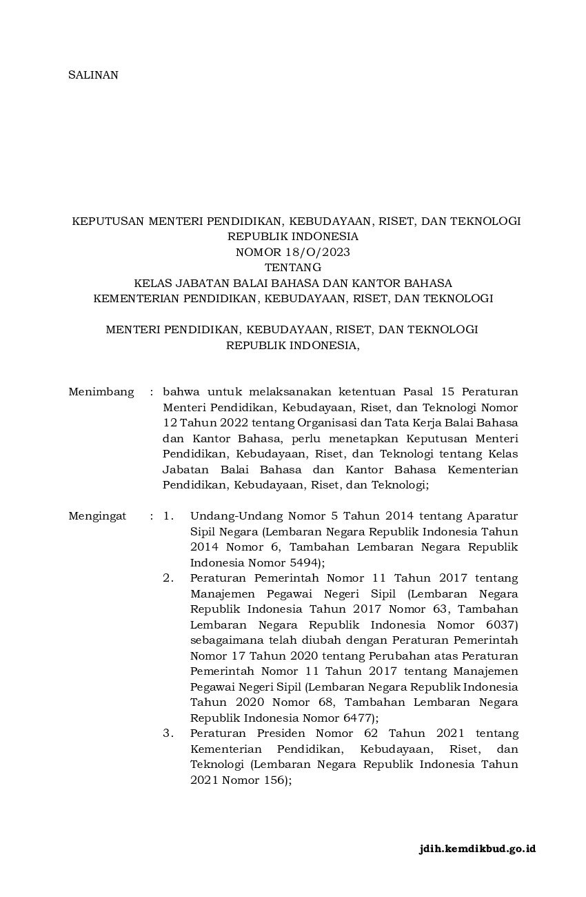 Keputusan Menteri Pendidikan, Kebudayaan, Riset, Dan Teknologi No 18/O ...