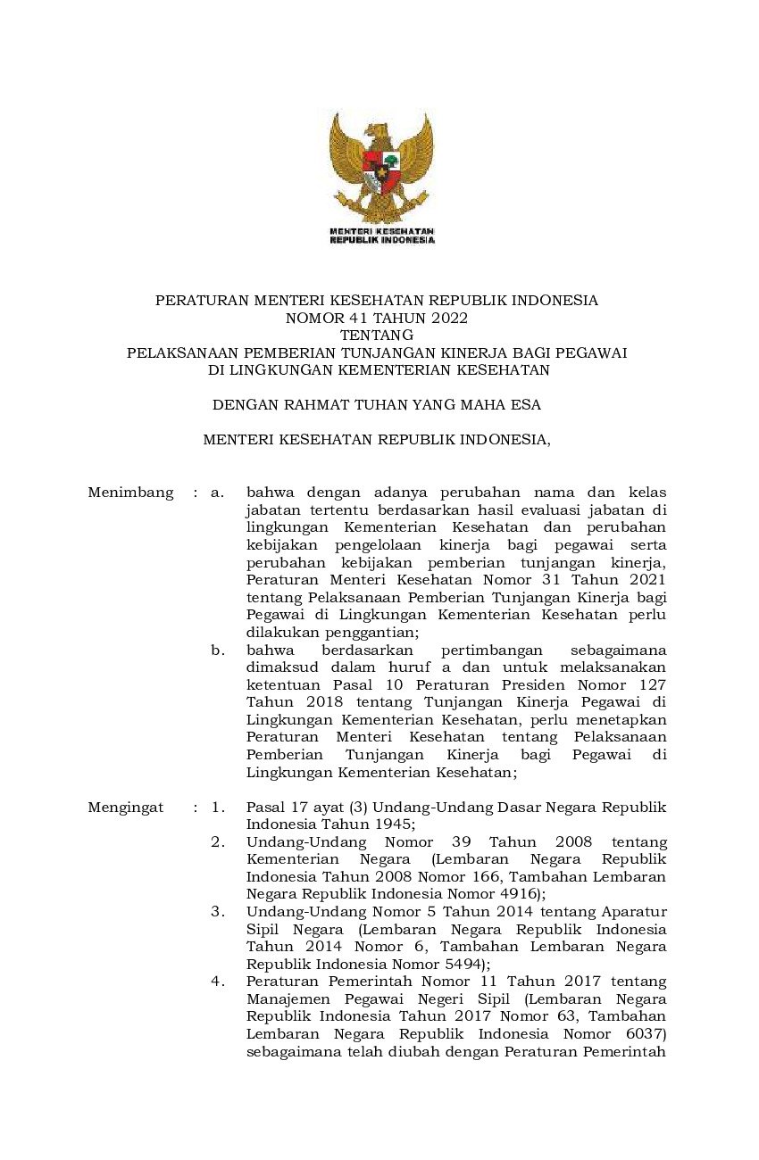 Peraturan Menteri Kesehatan No 41 Tahun 2022 Tentang Pelaksanaan ...