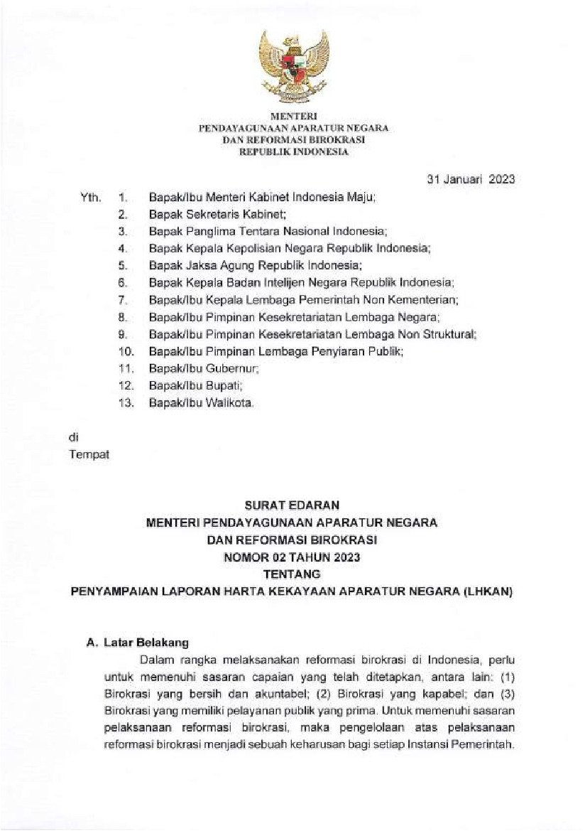 Surat Edaran Menteri Negara Pendayagunaan Aparatur Negara dan Reformasi Birokrasi No 2 tahun 2023 tentang Penyampaian Laporan Harta Kekayaan Aparatur Negara (LHKAN)