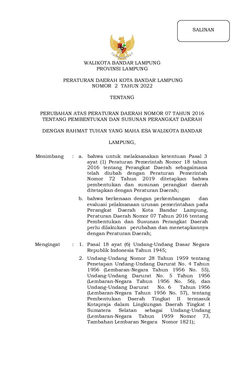 Peraturan Daerah Kota Bandar Lampung No 2 Tahun 2022 Tentang Perubahan ...