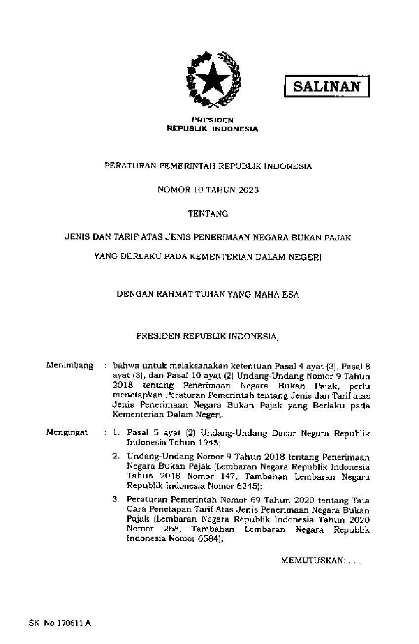 Peraturan Pemerintah No 10 Tahun 2023 Tentang Jenis Dan Tarif Atas ...