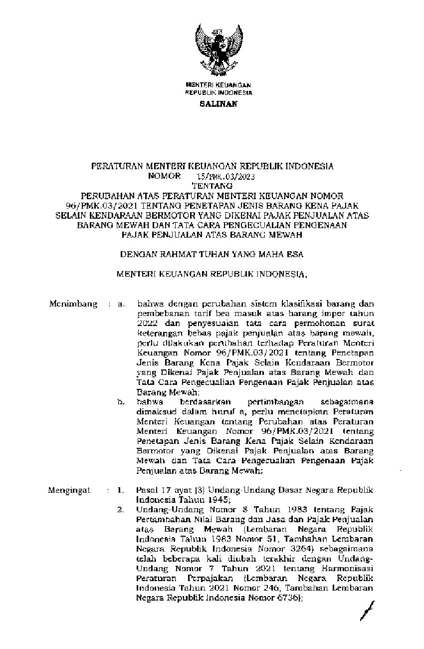 Peraturan Menteri Keuangan No 15/PMK.03/2023 Tahun 2023 Tentang ...