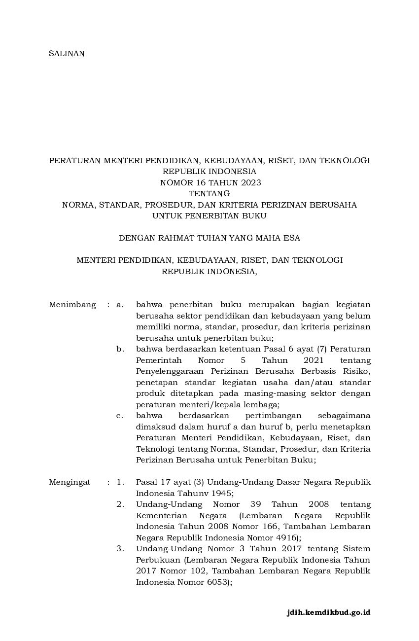 Peraturan Menteri Pendidikan, Kebudayaan, Riset, Dan Teknologi No 16 ...