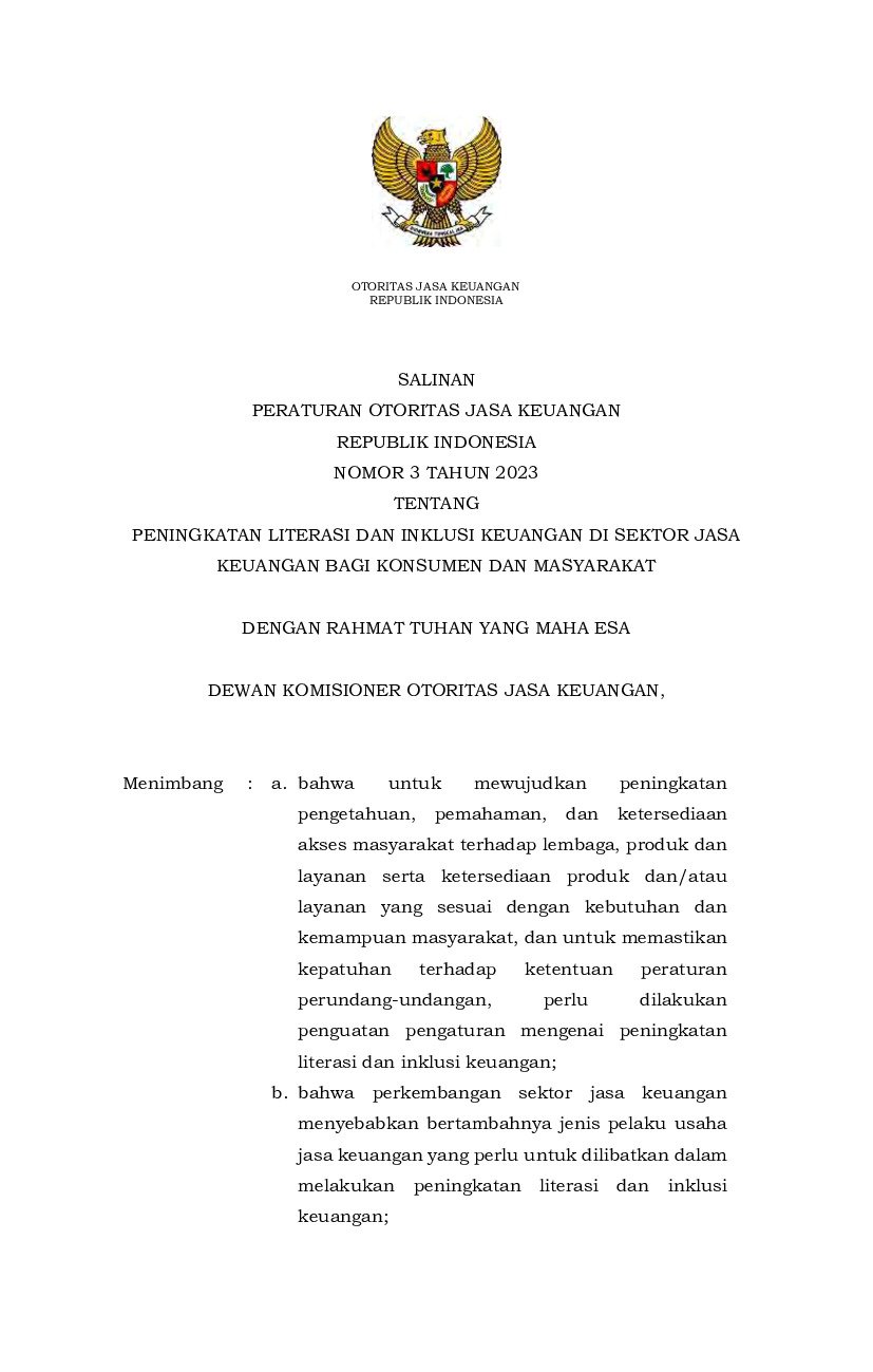 Peraturan Otoritas Jasa Keuangan No 3 Tahun 2023 Tentang Peningkatan