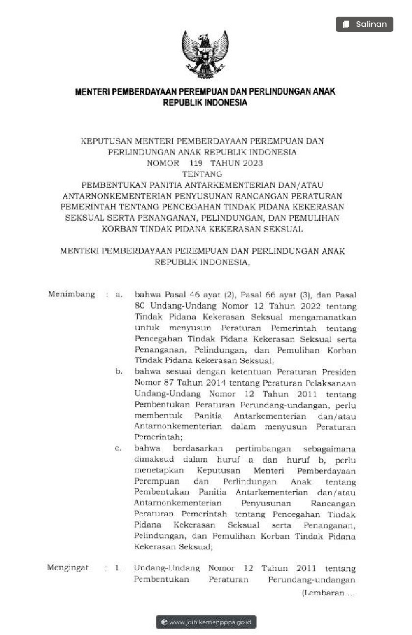 Keputusan Menteri Pemberdayaan Perempuan Dan Perlindungan Anak No 119 ...