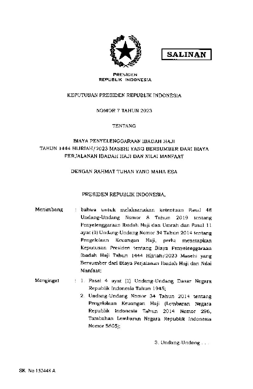 Keputusan Presiden No 7 tahun 2023 tentang Biaya Penyelenggaraan Ibadah ...