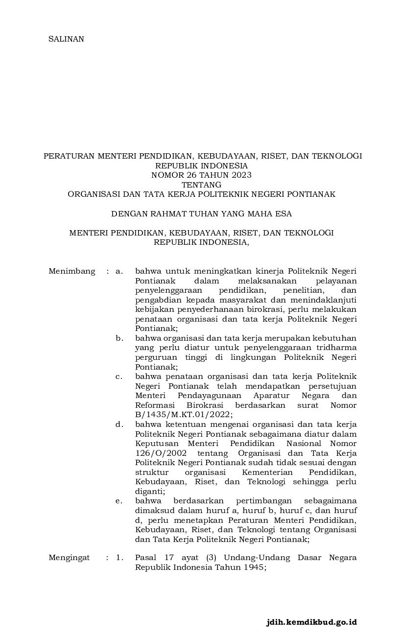 Peraturan Menteri Pendidikan, Kebudayaan, Riset, Dan Teknologi No 26 ...